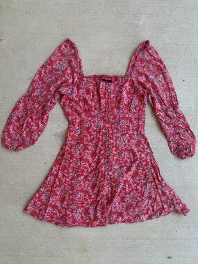 Vintage Angie Red Floral Mini dress with button front and 3/4 puffy sleeves